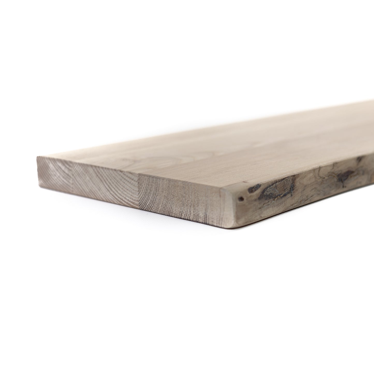 Wooden floating shelf with a natural finish on a white background