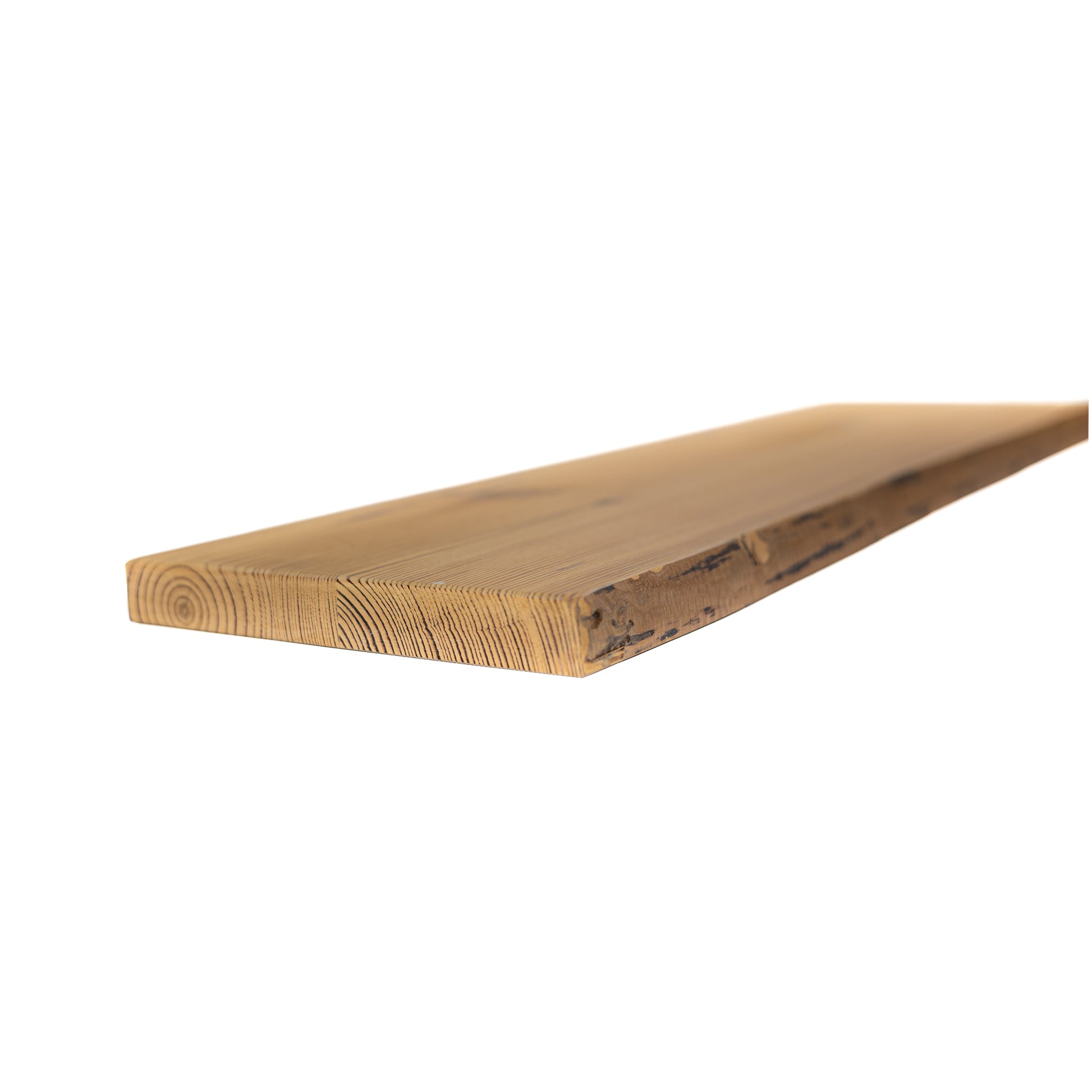 Natural pine live-edge floating shelf mounted on wall