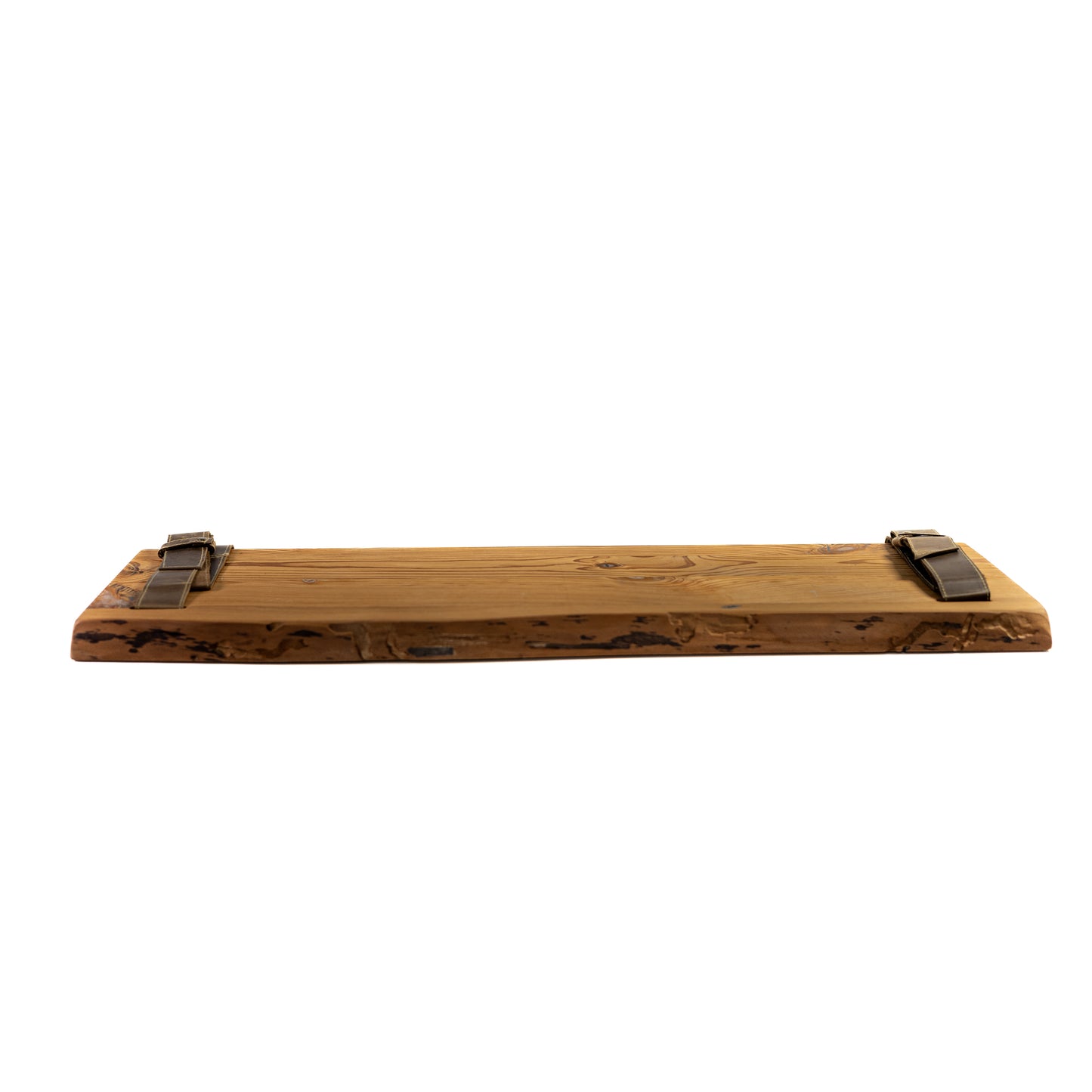 Amber pine shelf with brown leather hangers and metal hardware