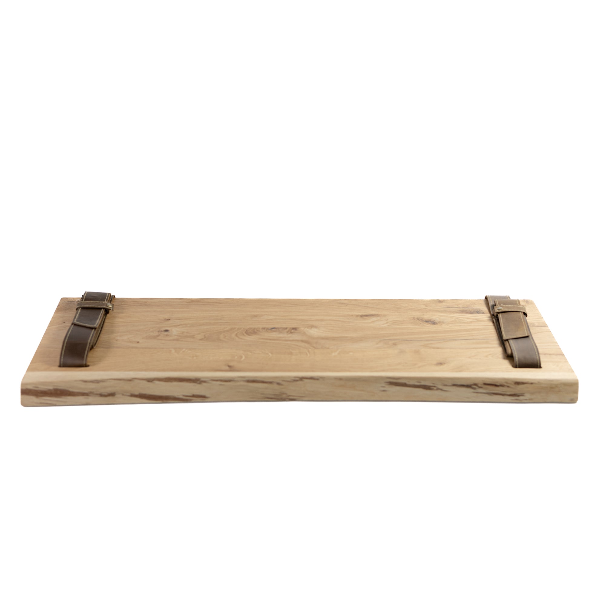 Wooden oak shelf with leather straps on a white background