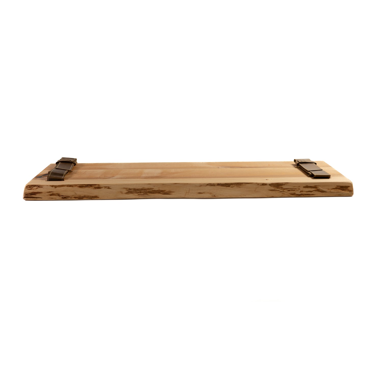 Side view of red wood shelf with leather hangers and metal fittings